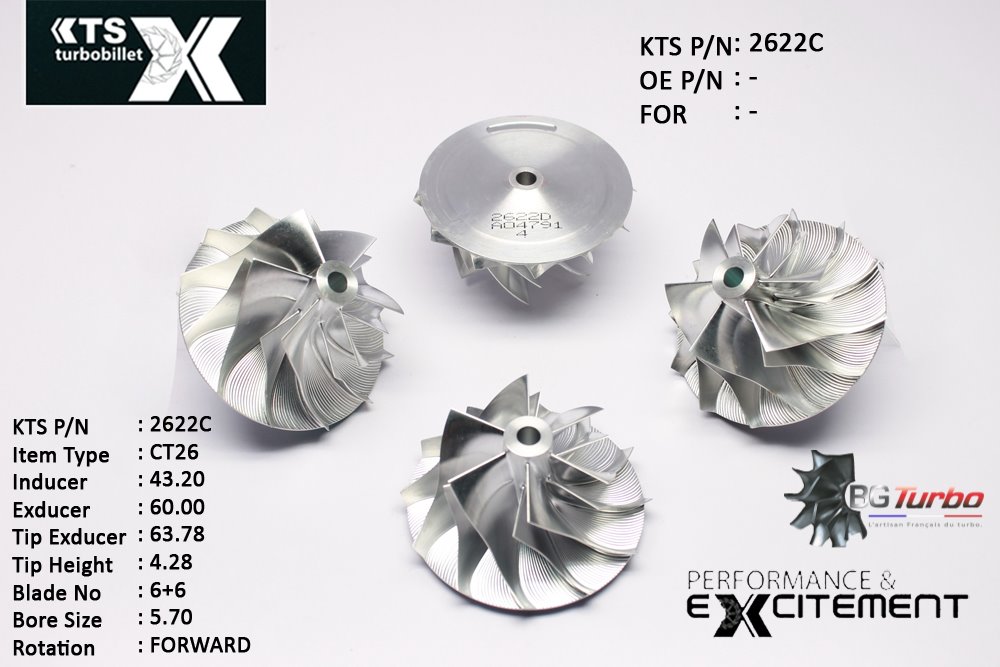 Turbo ROUE FORGÉE MFS PERFORMANCE - 6+6 PALES - INDUCER : 43,2 - EXDUCER : 60 - TYPE : CT26ANGLE : 45° - ROTATION : Forward - SUPER BACK : 2,6 - BORE SIZE : 5,7
